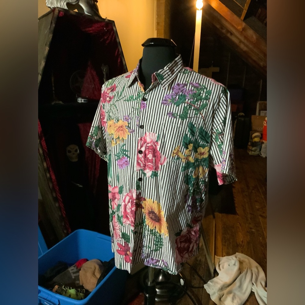 Vatpave mens XL floral black white pinstripe button down shirt botanical